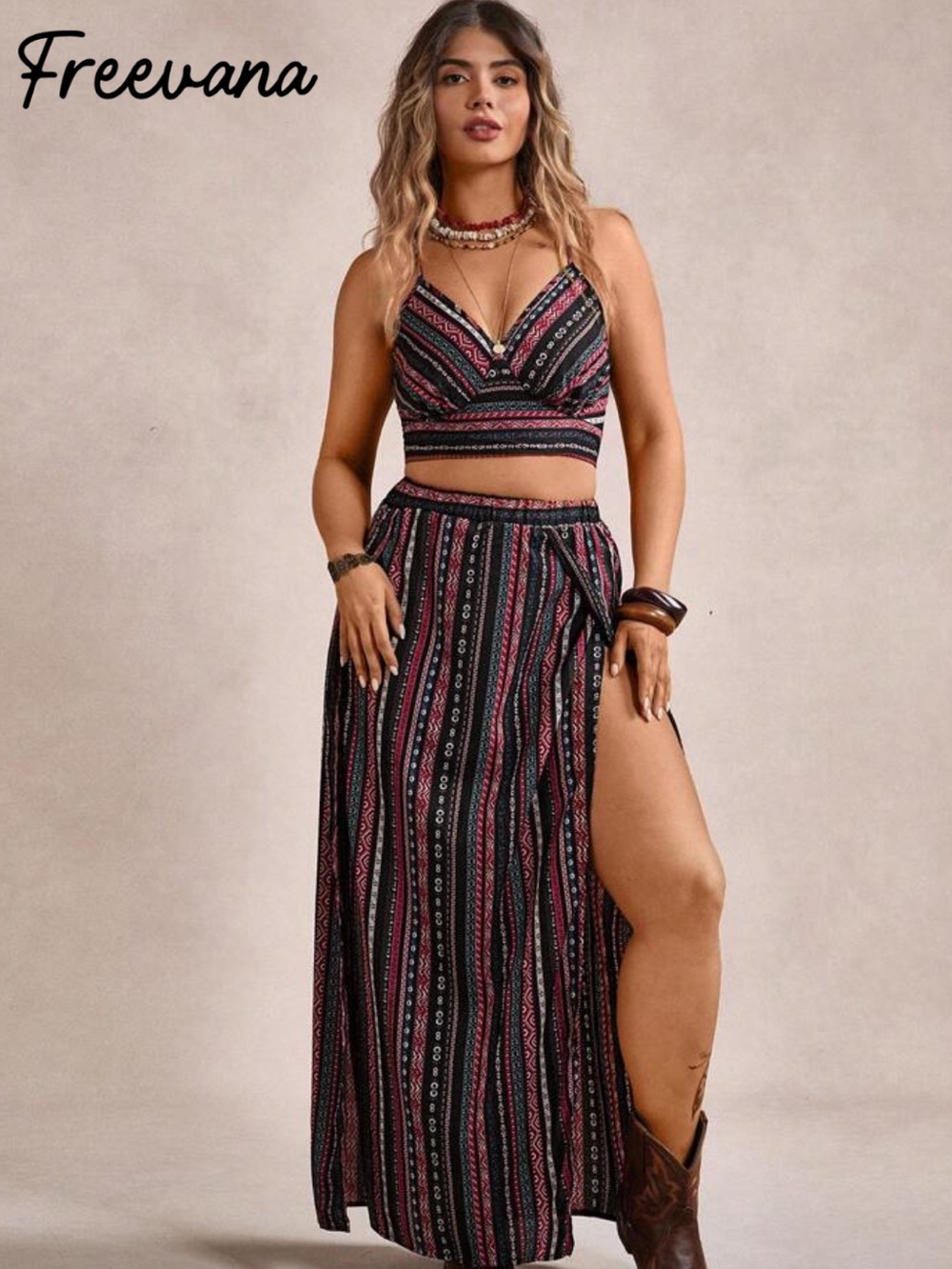 Boho Stripe High-Slit Maxi Skirt in Black and Pink